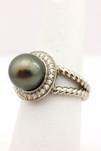 palladium round black Tahitian pearl diamond halo ring size 6.75 twist 8.62g
