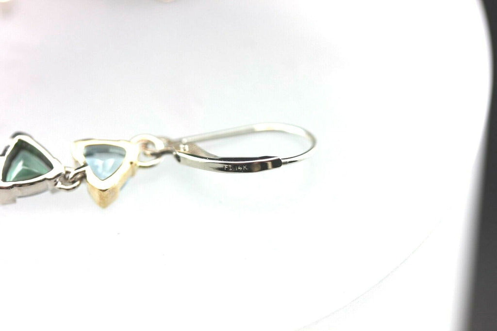 14k white gold dangle drop 1.5" earrings aquamarine tourmaline triangle NEW