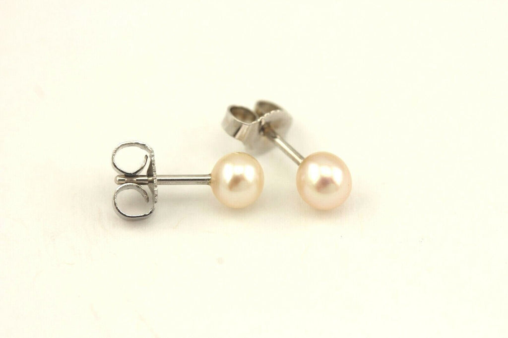 14k white gold 4-4.5mm white round cultured pearl stud earrings NEW