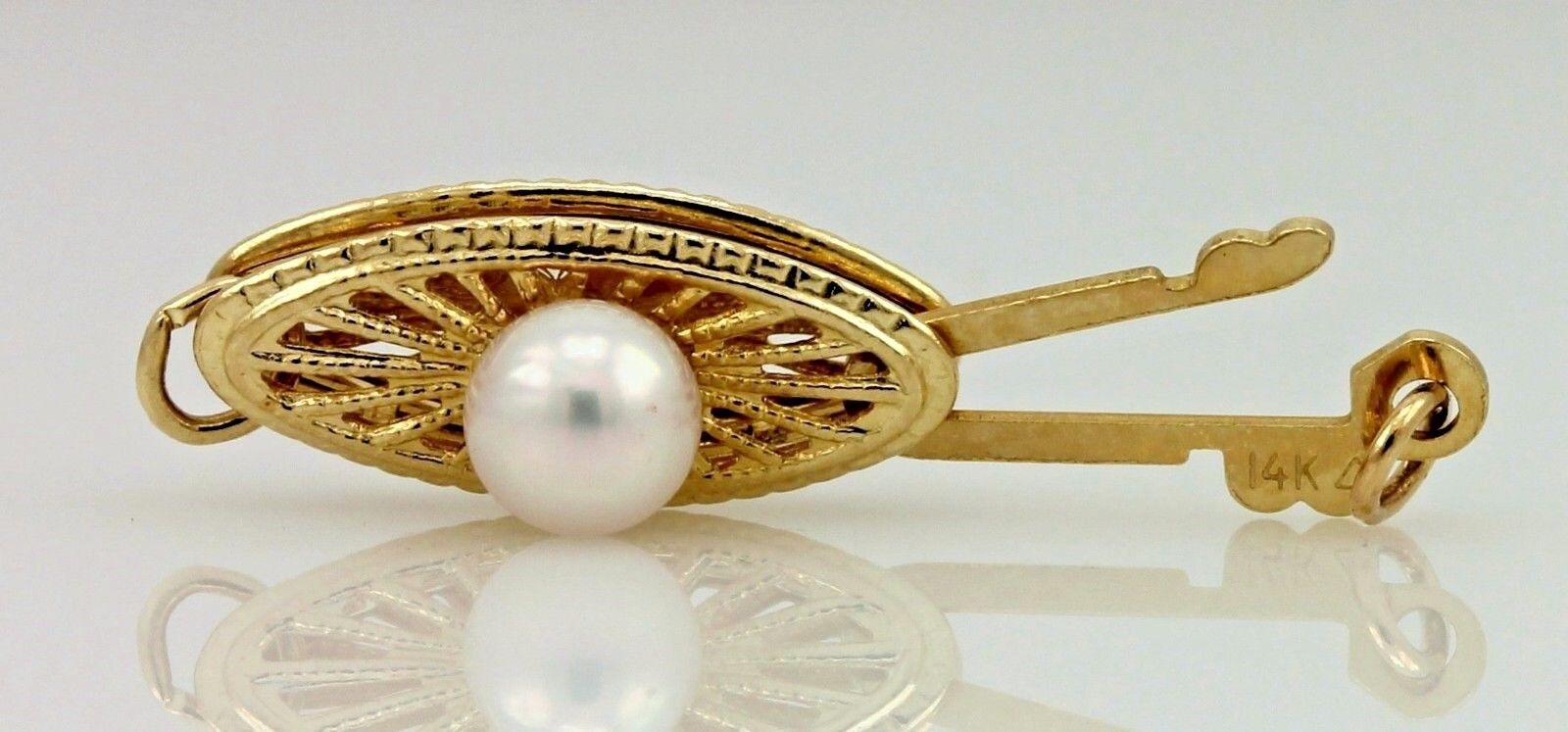 14k yellow gold 13x5mm marquise filigree fish hook 4mm pearl clasp new 0.65g