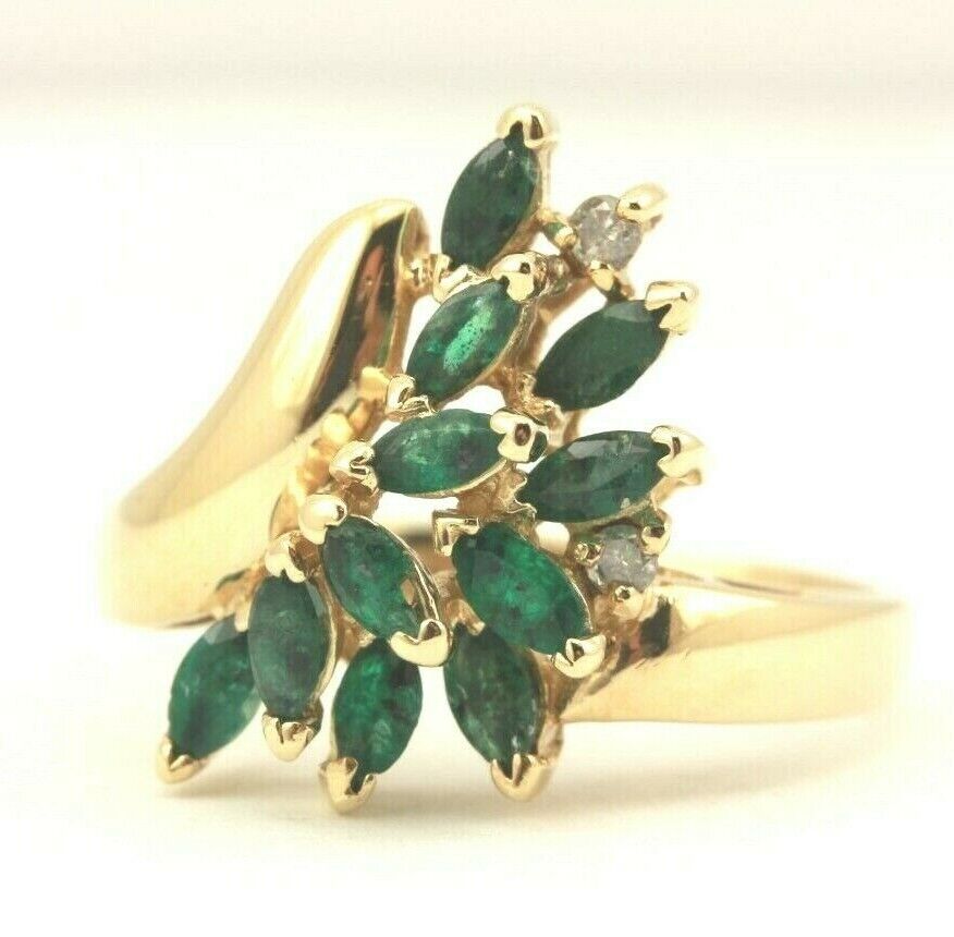 14k yellow gold ring 0.77ctw marquise green emerald 0.04ctw round diamond 4.19g