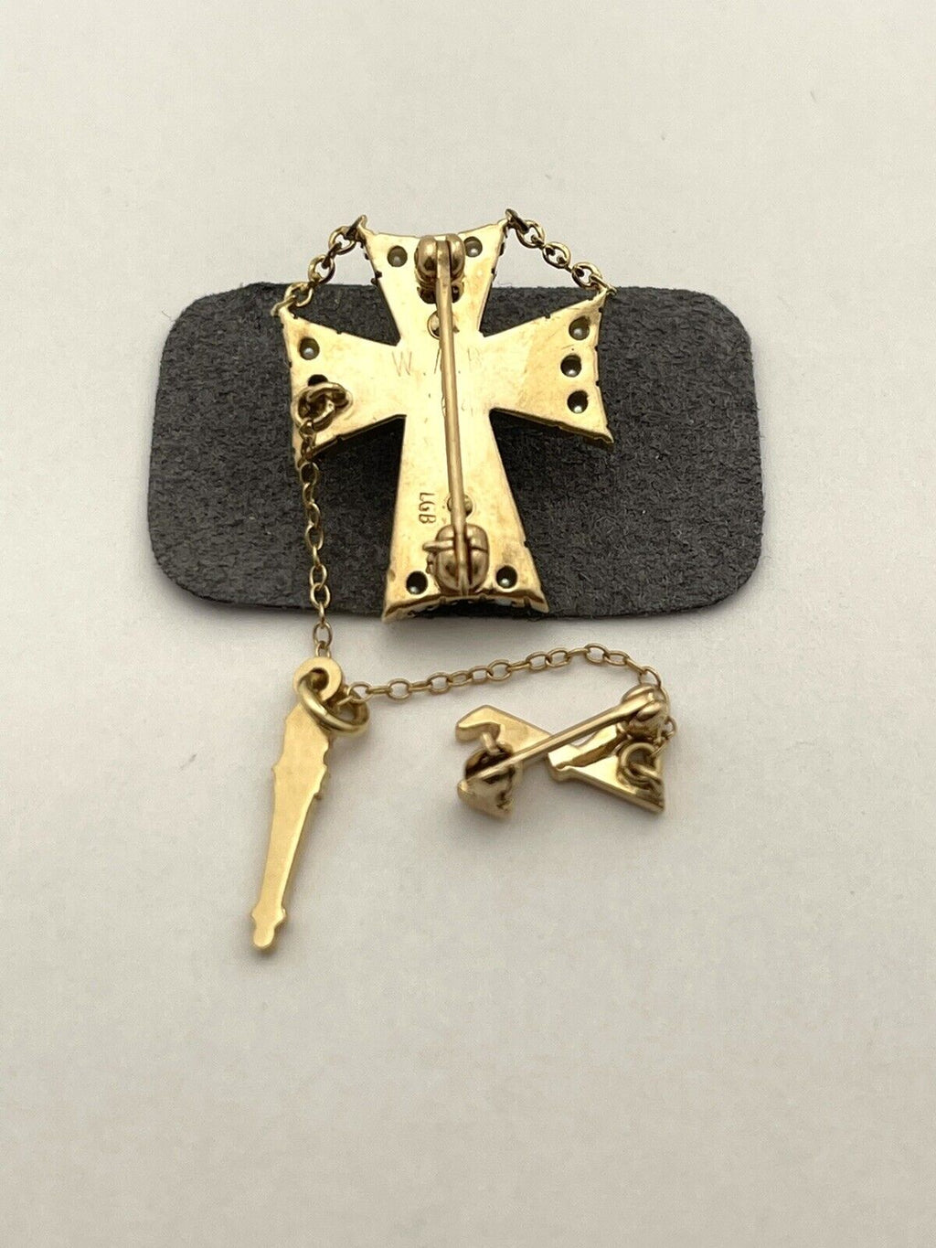 10k yellow gold fraternal cross pin brooch seed pearls 0.75inch(1.5 chain) 6g