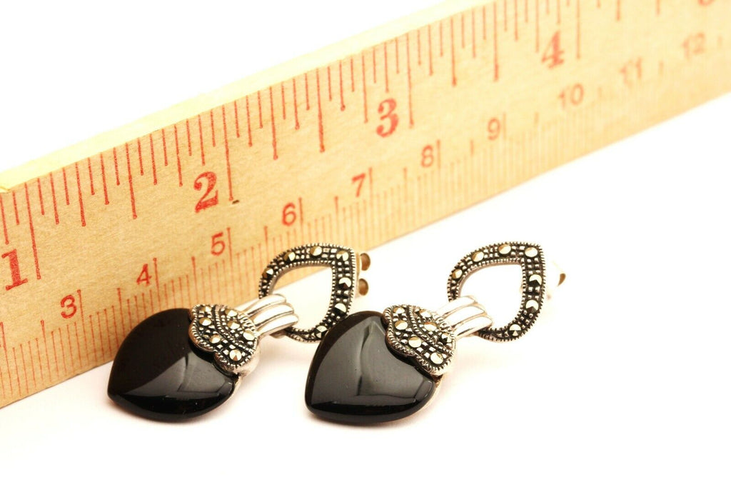 925 sterling silver marcasite black onyx heart dangle drop earrings 7.2g 1.5inch