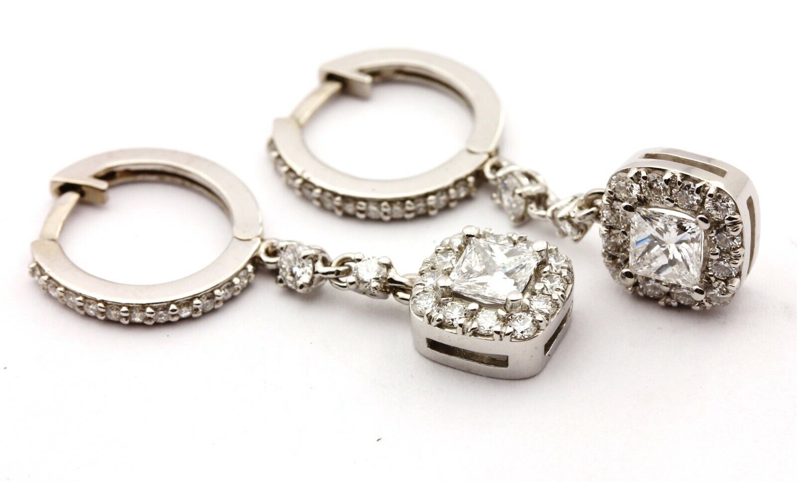 14k white gold 1.54ctw natural diamond dangle drop huggie hoop earrings 4.6g new