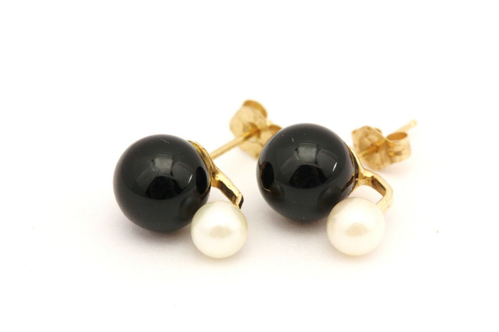 14k yellow gold 8mm black onyx white pearl stud earrings 2.2g estate vintage
