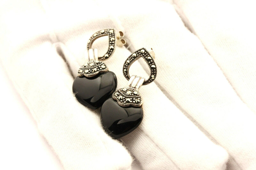 925 sterling silver marcasite black onyx heart dangle drop earrings 7.2g 1.5inch