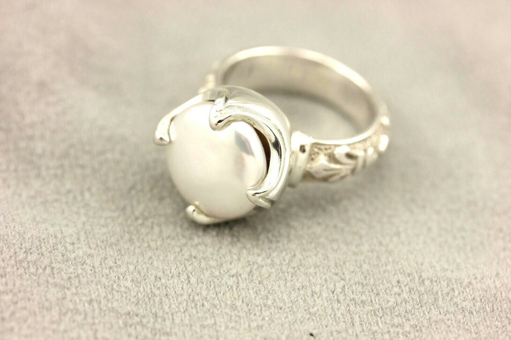 Ring sterling silver platinum alloy Pilver white button pearl fleur de lis NEW