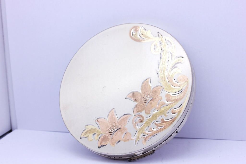 Elgin American vanity compact mirror round 132g estate vintage case floral