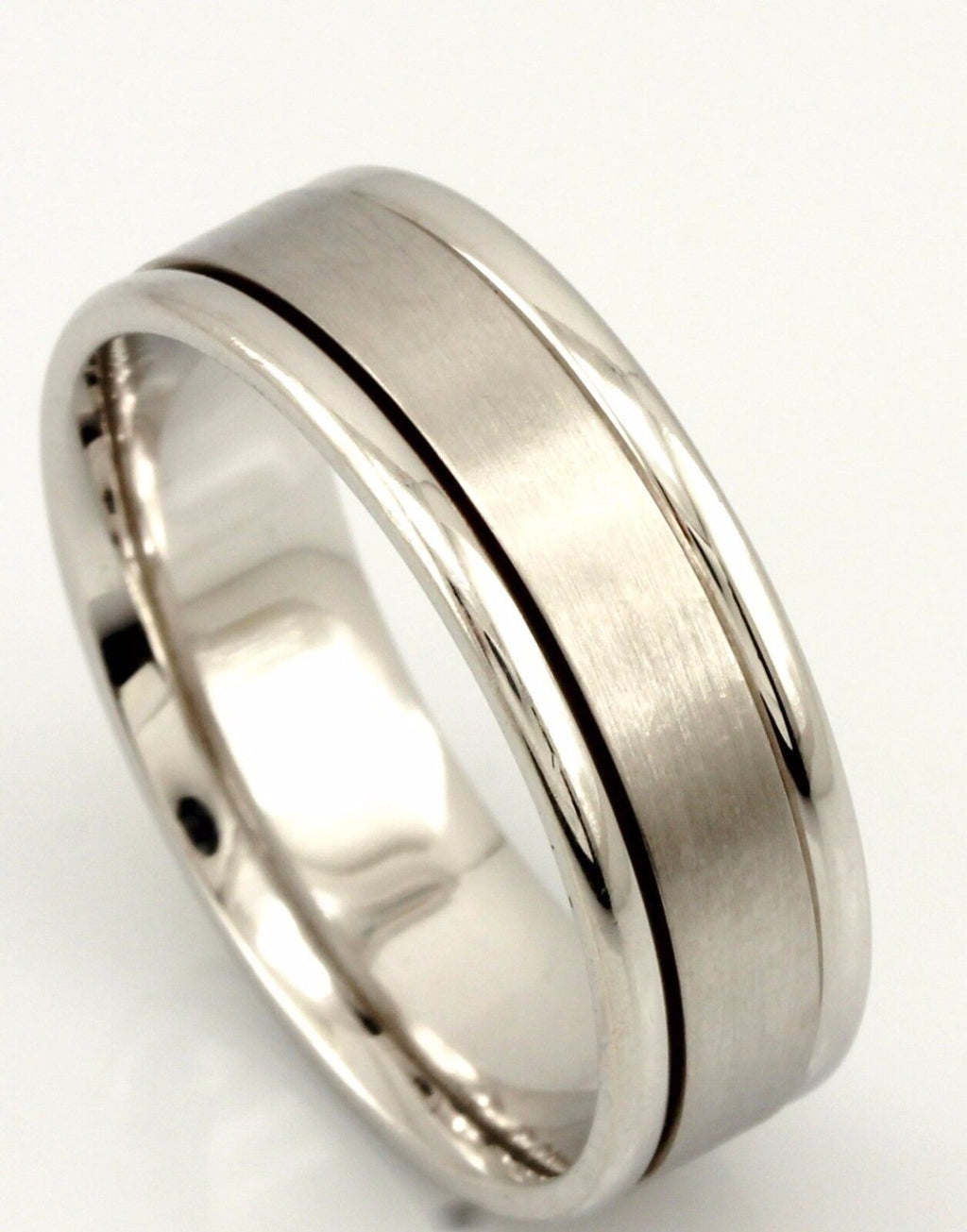 14k white gold Men's Dora ring 7mm wedding band sz10 satin center 8.73g