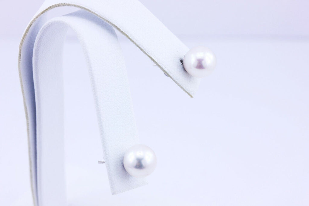 NEW white gold 14k 7mm Akoya cultered round pearl stud earrings 7.05-7.15mm