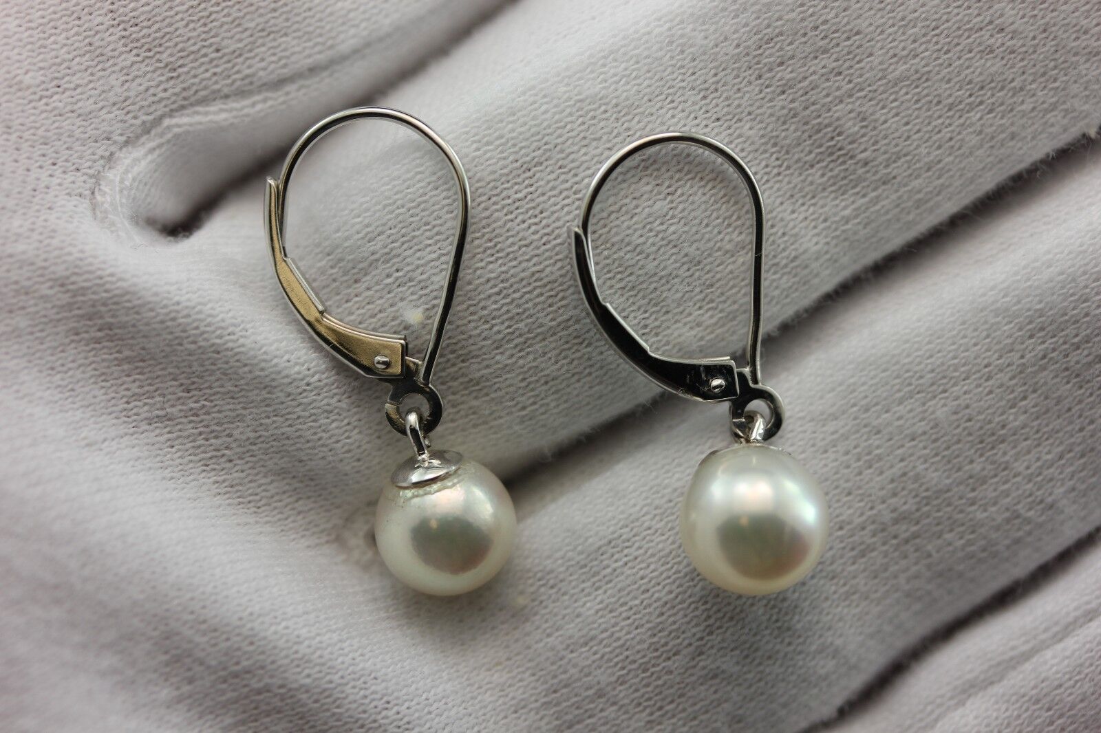 14k white gold 1 inch drop dangle 7.5mm round white cultured pearl earrings NEW