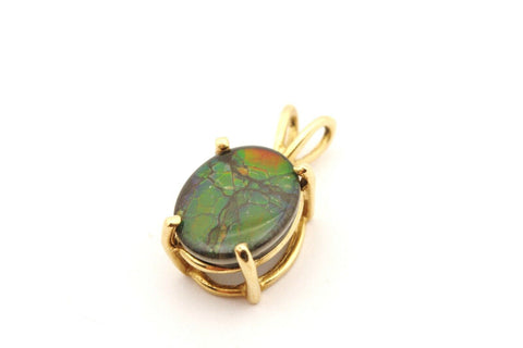 14k yellow gold 11x9mm oval ammolite triplet pendant estate 1.6g vintage