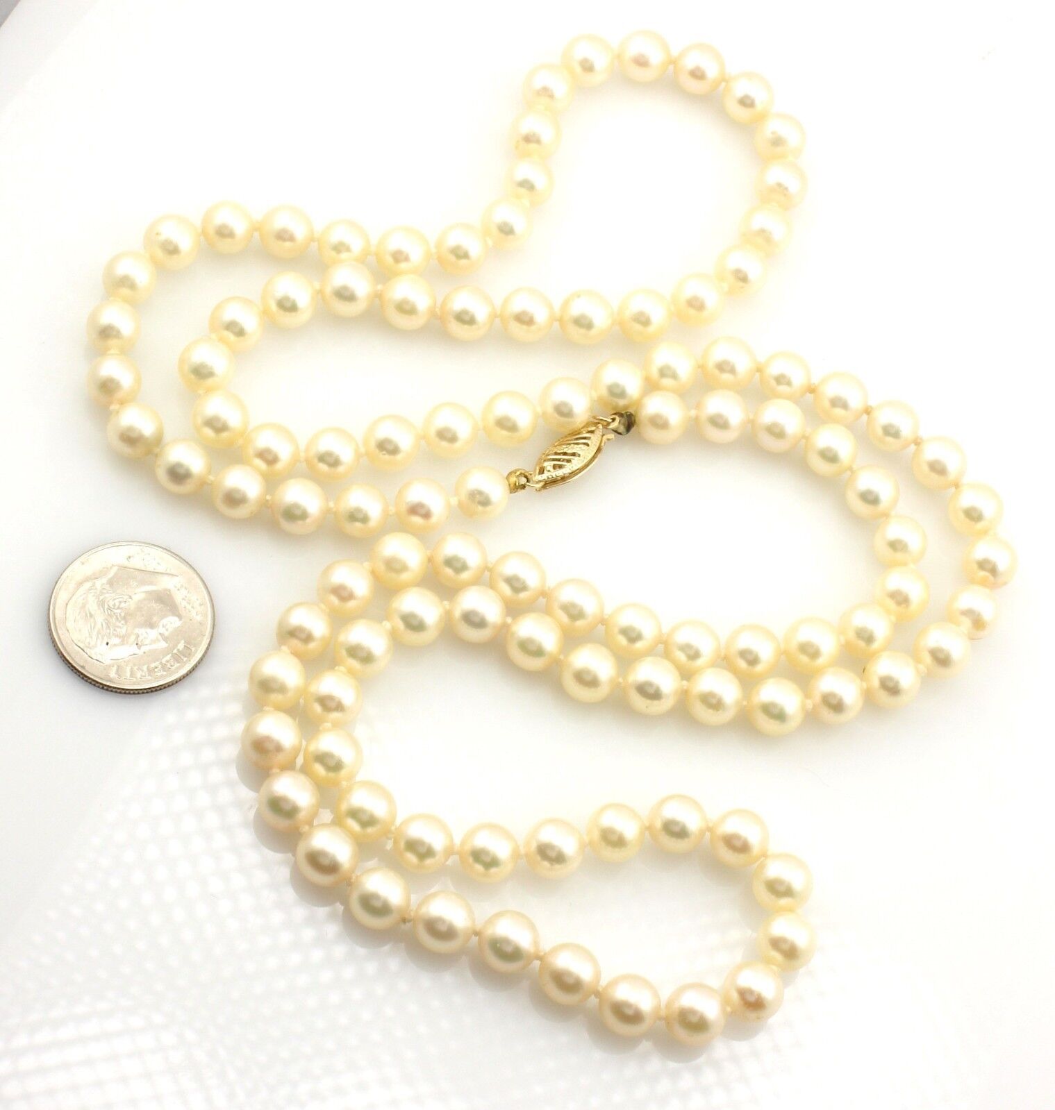 14k yellow gold 30" 6 - 6.5mm round cream cultured pearl strand necklace estate