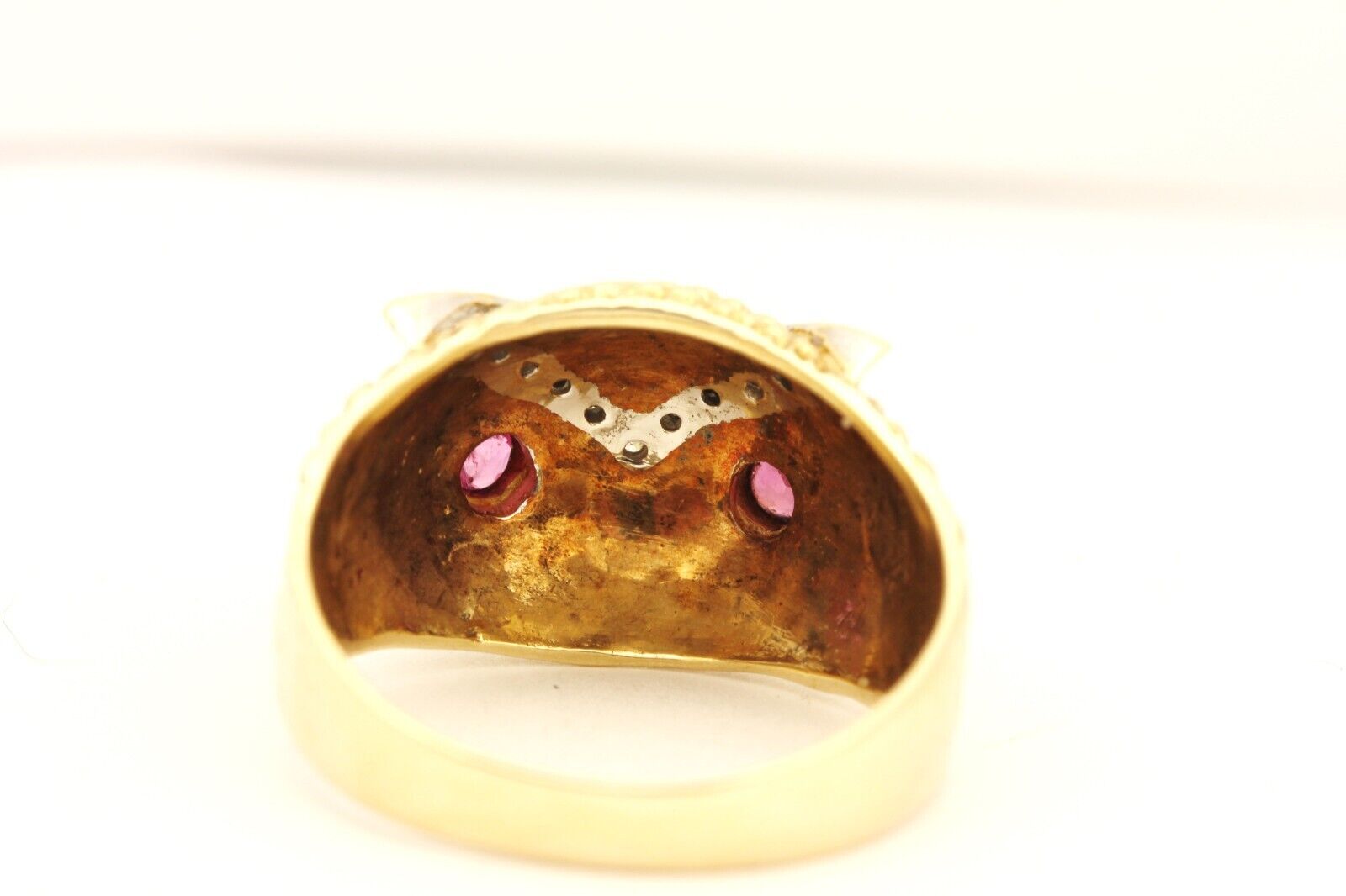 10k yellow gold owl ring band size 10 7.00g 0.22ctw ruby 0.16ctw diamond vintage