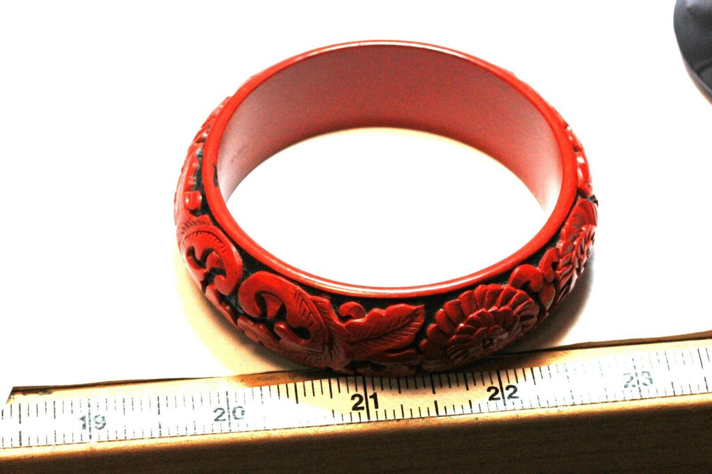 Chinese Cinnabar red black vintage bangle bracelet 7.5 inch 22mm costume 64g