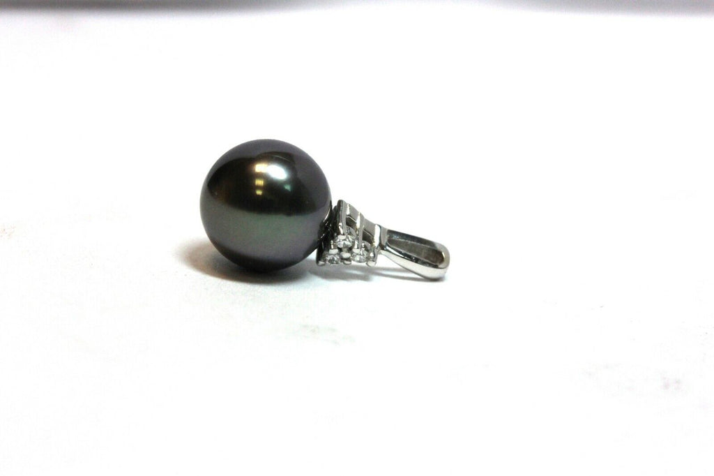 14k white gold 8.75mm round Tahitian black pearl diamond pendant new 1.31g