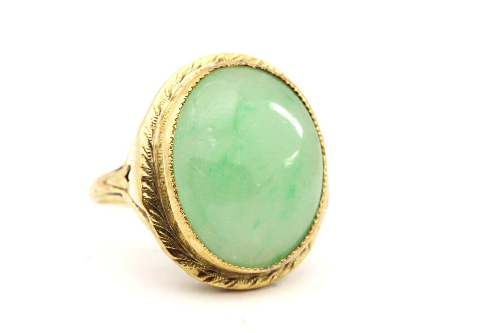 14k yellow gold oval green chalcedony vintage antique ring size 5.75 6.7g