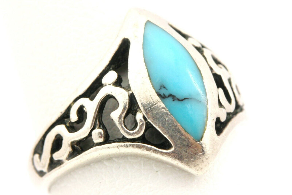 SC sterling silver turquoise marquise filigree ring band size 4.5 3.1g vintage