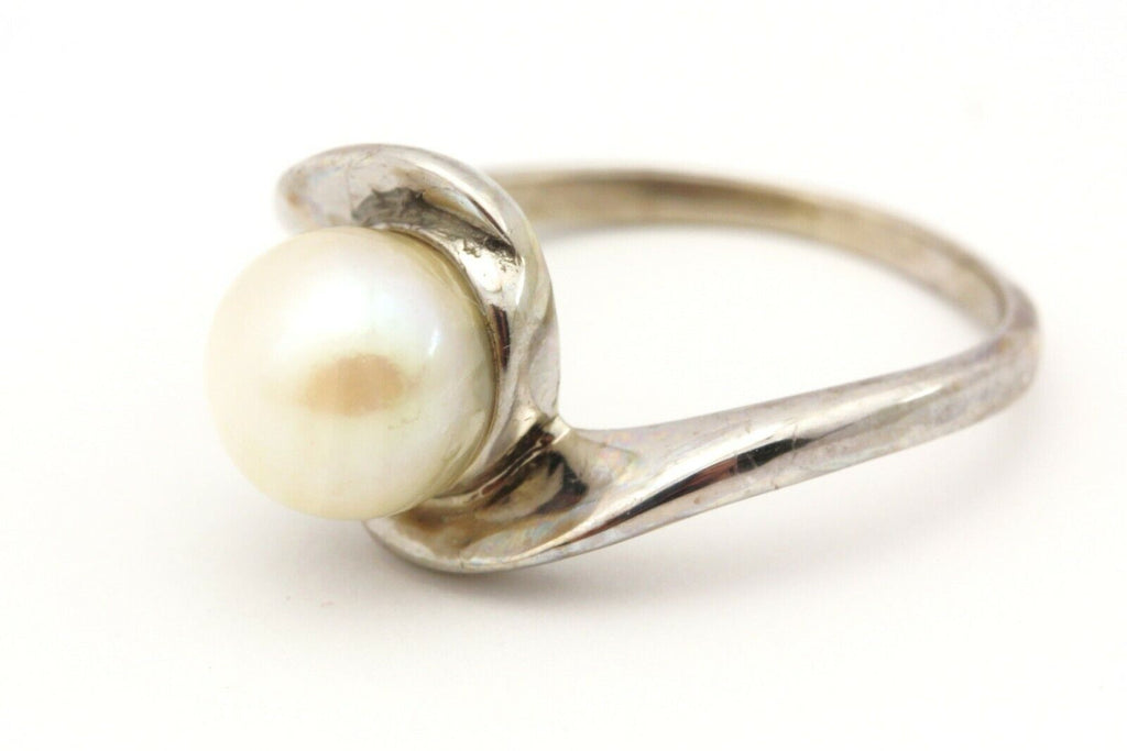 10k white gold 7.25mm round pearl twist ring size 5.75 2.83g vintage estate