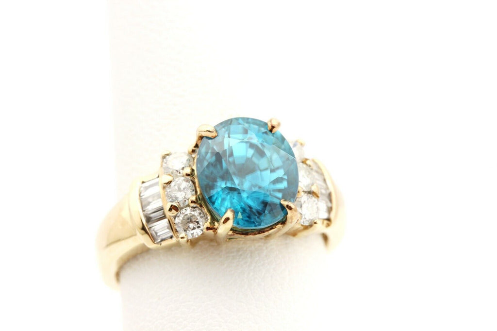 14k yellow gold oval 3.85ct blue zircon ring 0.16ctw diamond size 6.25 6.2g