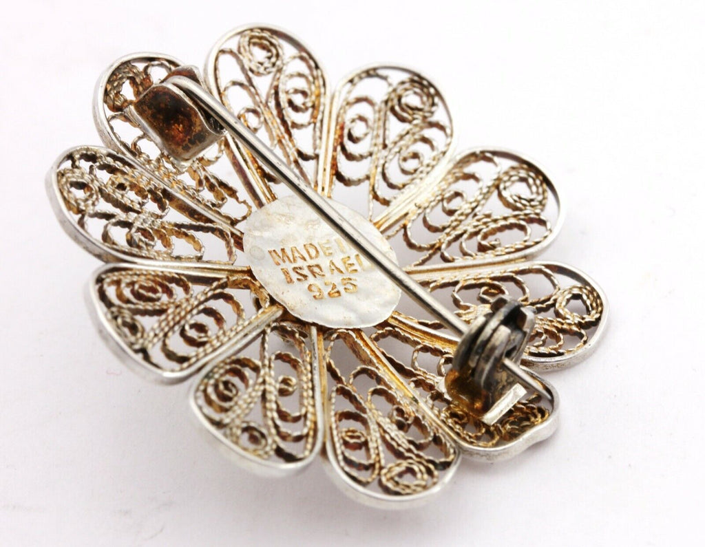 925 sterling silver filigree flower circle pin brooch Israel vintage estate  4.2g - Finer Jewelry, Inc.