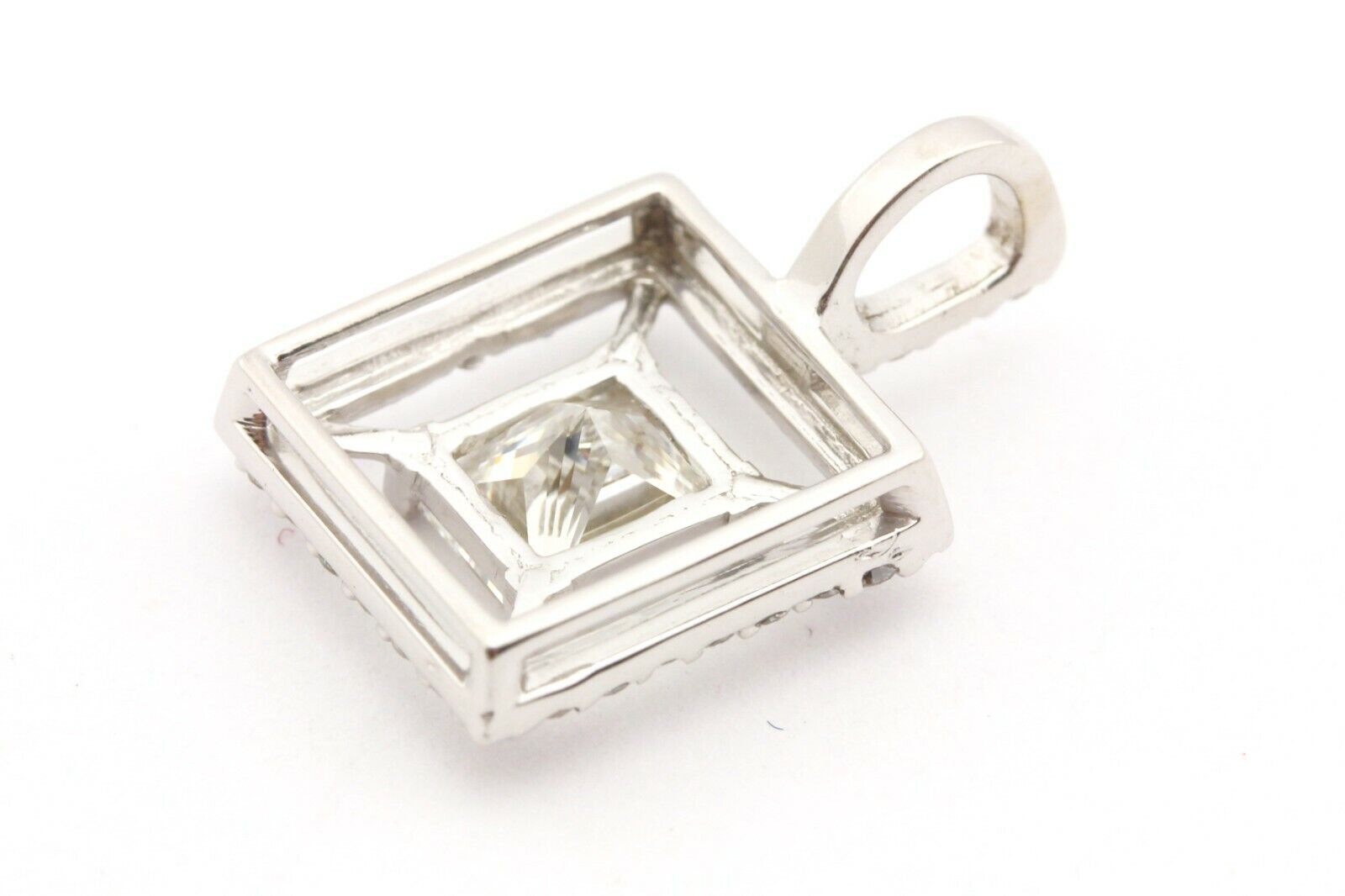 14k white gold GIA 1.01ct princess diamond 0.35ctw square halo box pendant 1.6g