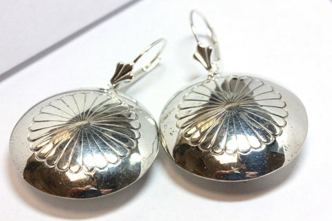 925 sterling silver sunflower round puffed disc 25mm earrings leverback 1970s 8g