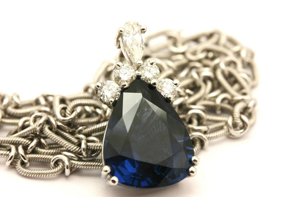 18kw gold platinum 7.68ct GIA blue sapphire 0.52ctw diamond pendant necklace