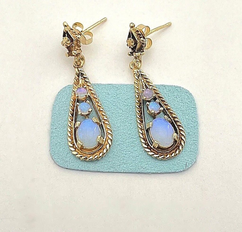 14k yellow gold 2.00ctw opal drop dangle earrings 1.5 inch 4.6g vintage estate