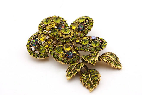 costume fashion green crystal rhinestone flower pin brooch 29.8g 3 inch vintage