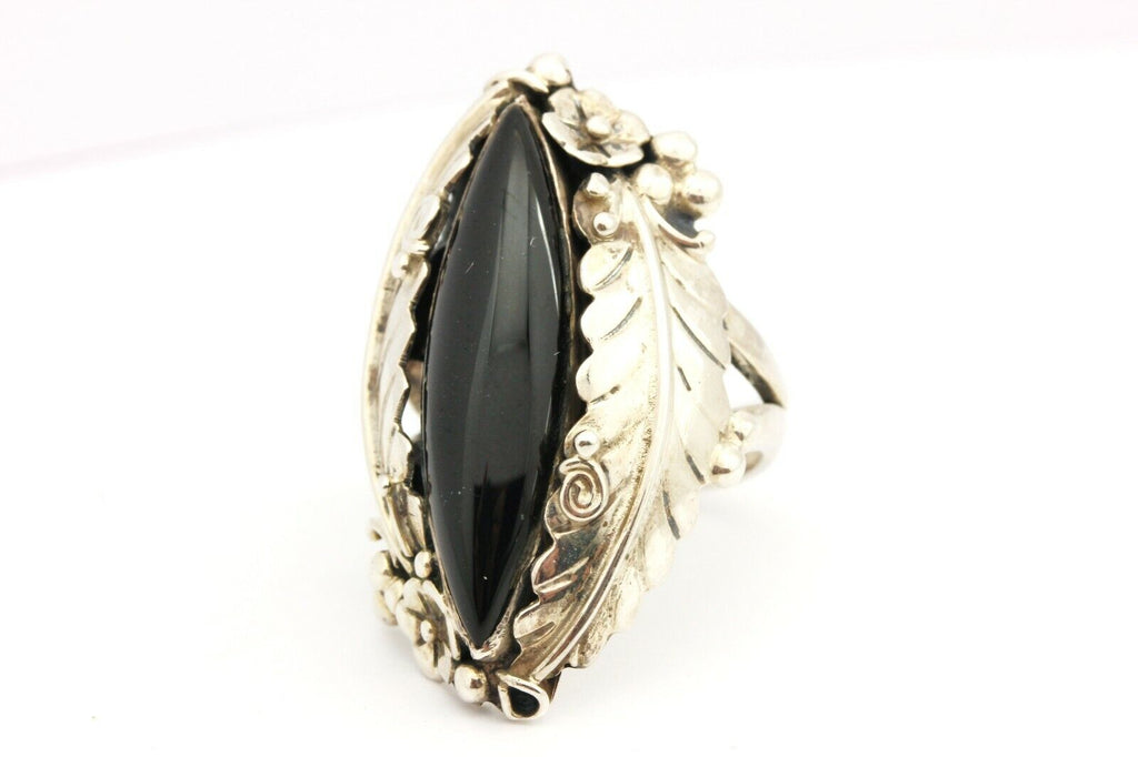 RG sterling silver 30x8mm black onyx flower leaf ring size 8 13.41g vintage