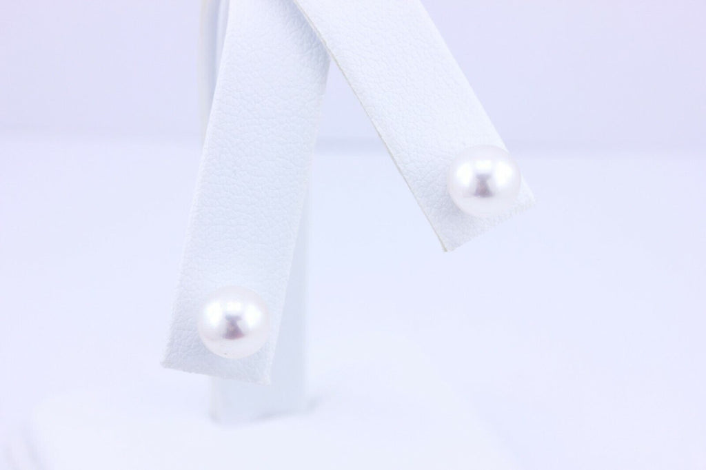 NEW white gold 14k 7mm Akoya cultered round pearl stud earrings 7.05-7.15mm