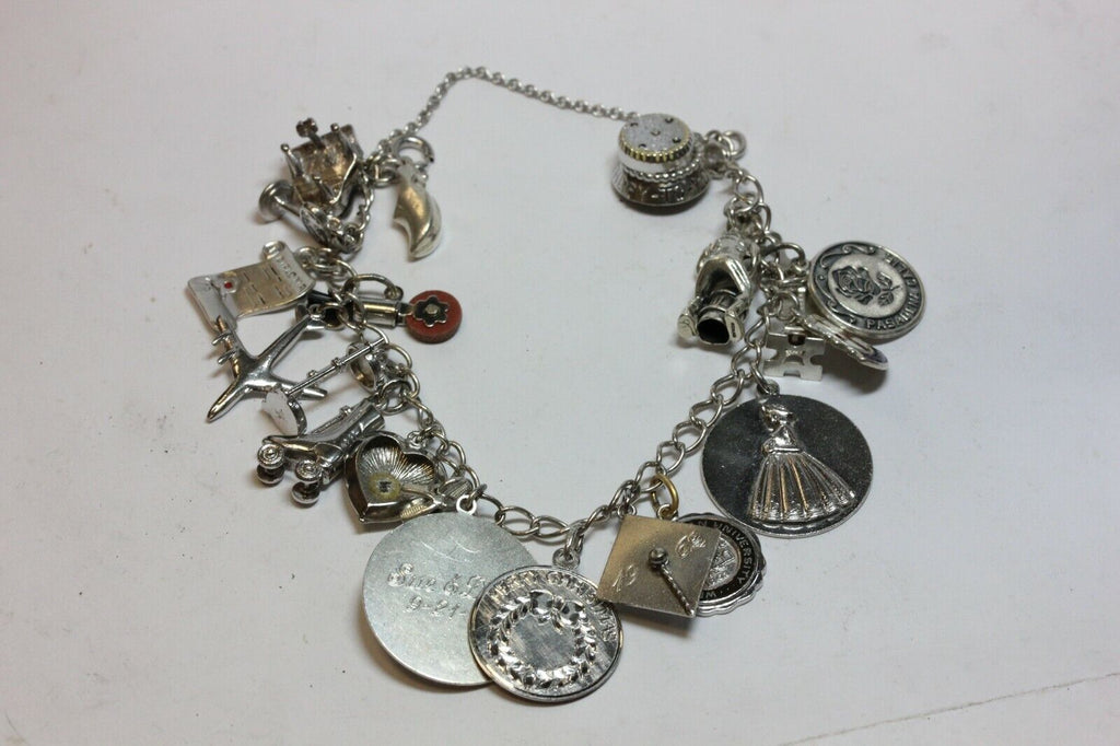 sterling silver 7 inch charm bracelet chain 21 charms estate vintage 45.46g