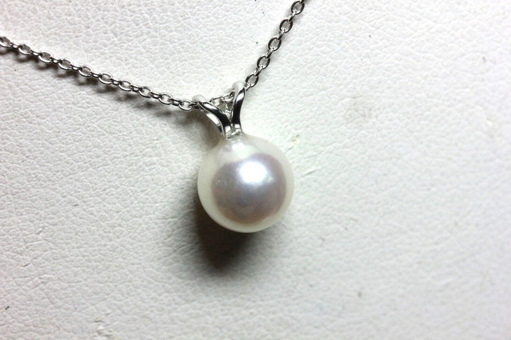 14k white gold 8.40mm round white akoya pearl pendant new rabbit ear NO chain