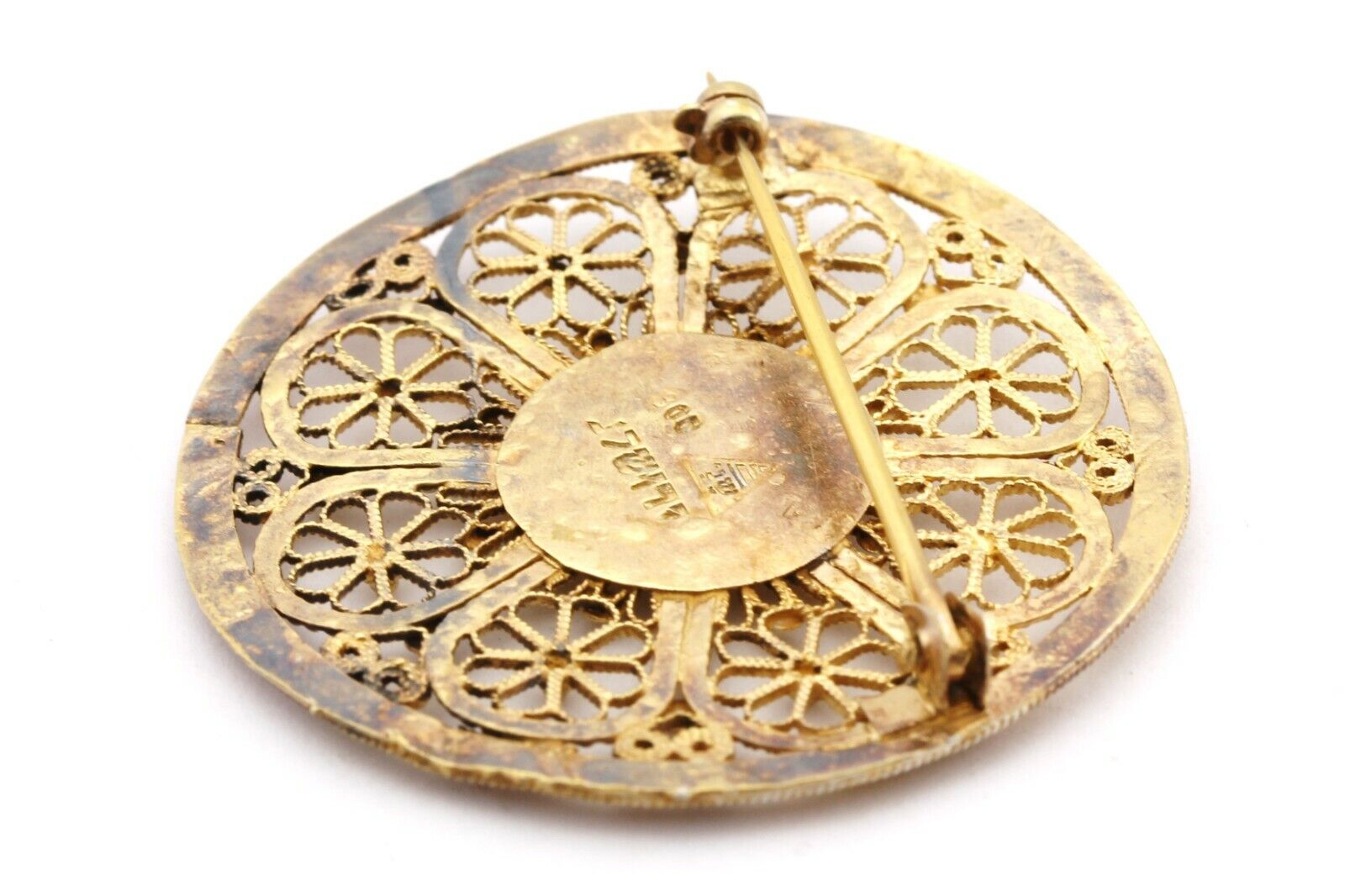 800 silver Israel Hebrew Jewish round pin brooch disc vintage filigree 6.8g