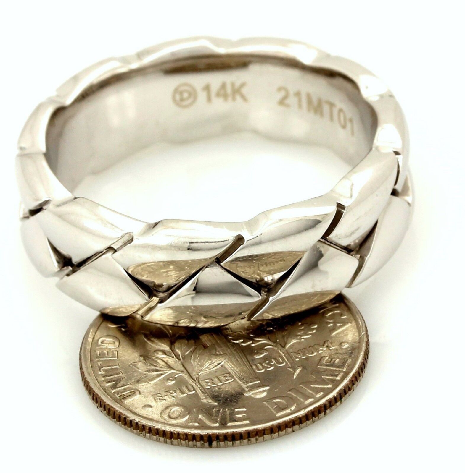 NEW DORA 14k white gold men's wedding band high polish weave 7.45mm sz 10.5 ring