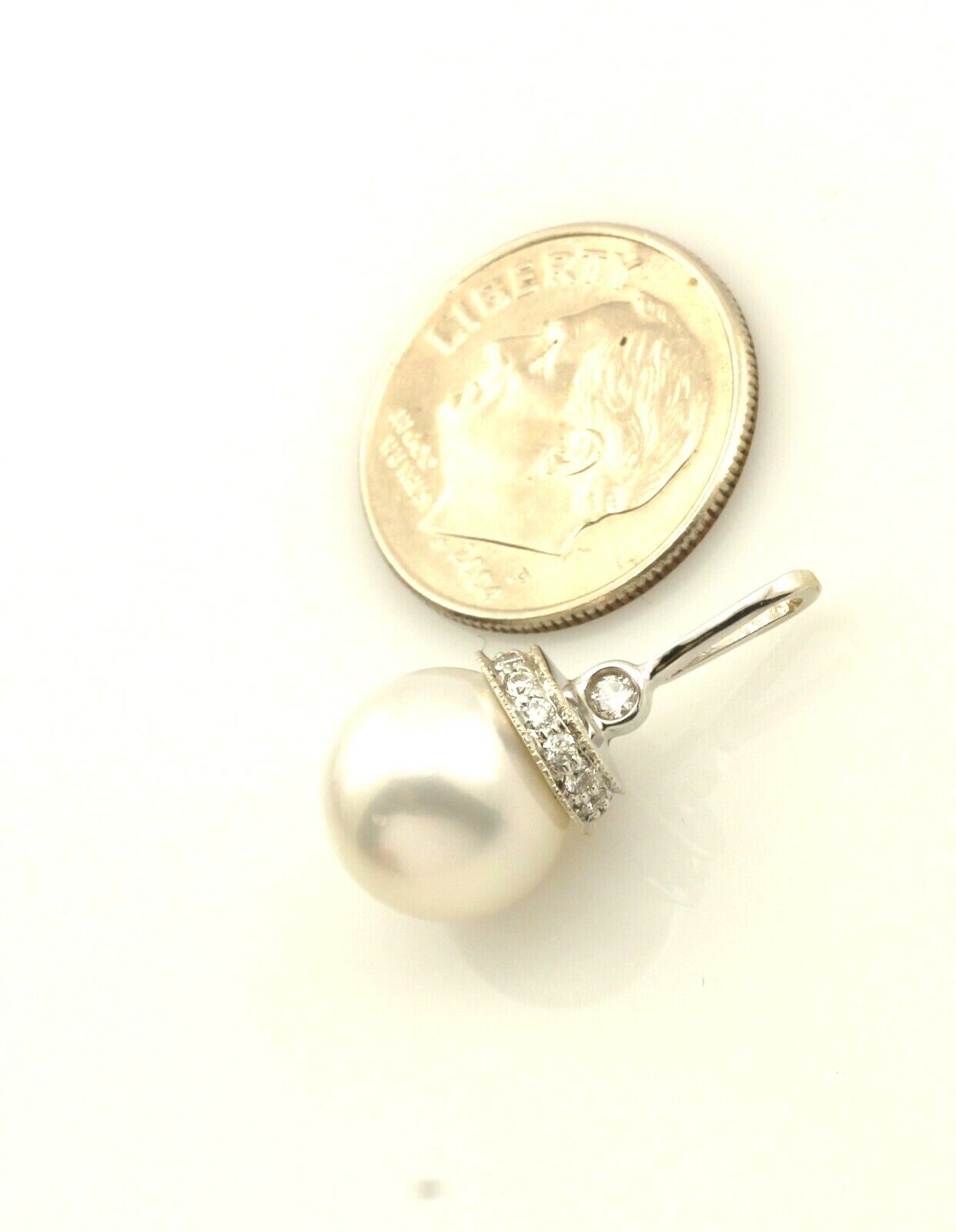 14 k white gold 10mm white round south sea cultured pearl diamond pendant new