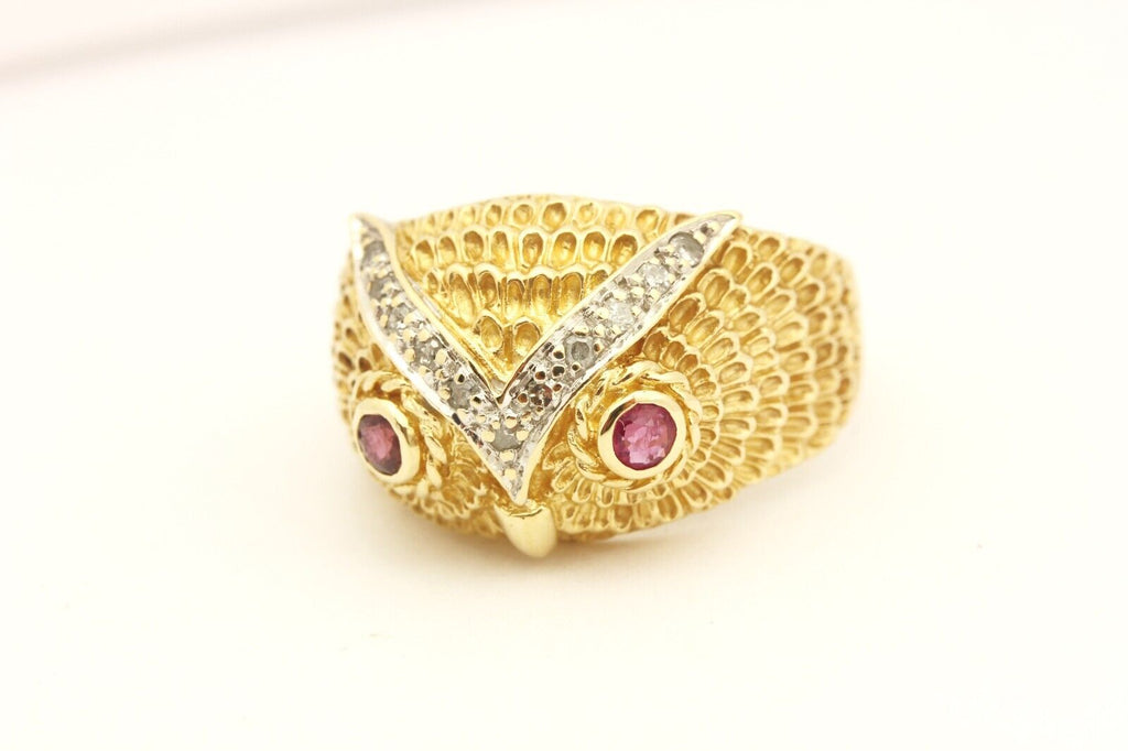 10k yellow gold owl ring band size 10 7.00g 0.22ctw ruby 0.16ctw diamond vintage