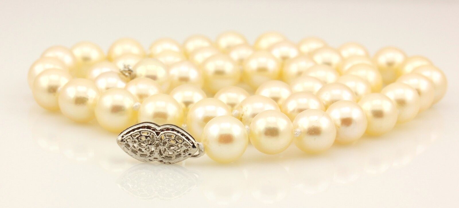 16" cultured pearl necklace 7-7.5mm round cream 14k white gold heart clasp NEW