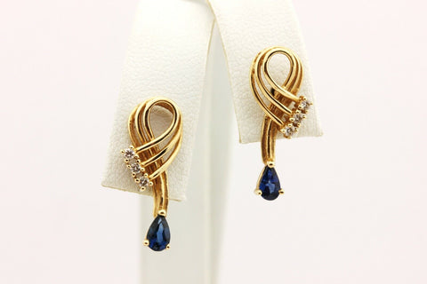 14k yellow gold blue sapphire diamond stud earrings drop 1 inch 2.42g 0.57ctw