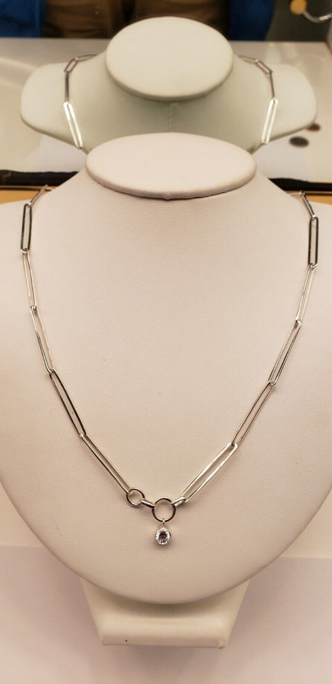 925 Sterling Silver Custom made Paperclip Link Chain Necklace for Women 21.5" CZ