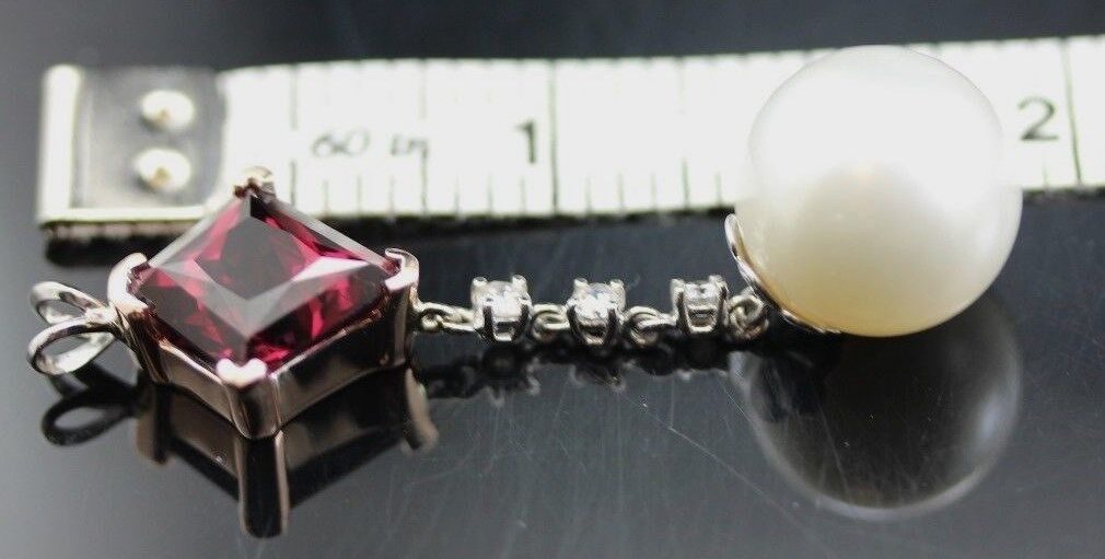 14k rose white gold red Spinel South Sea cultured pearl diamond dangle pendant
