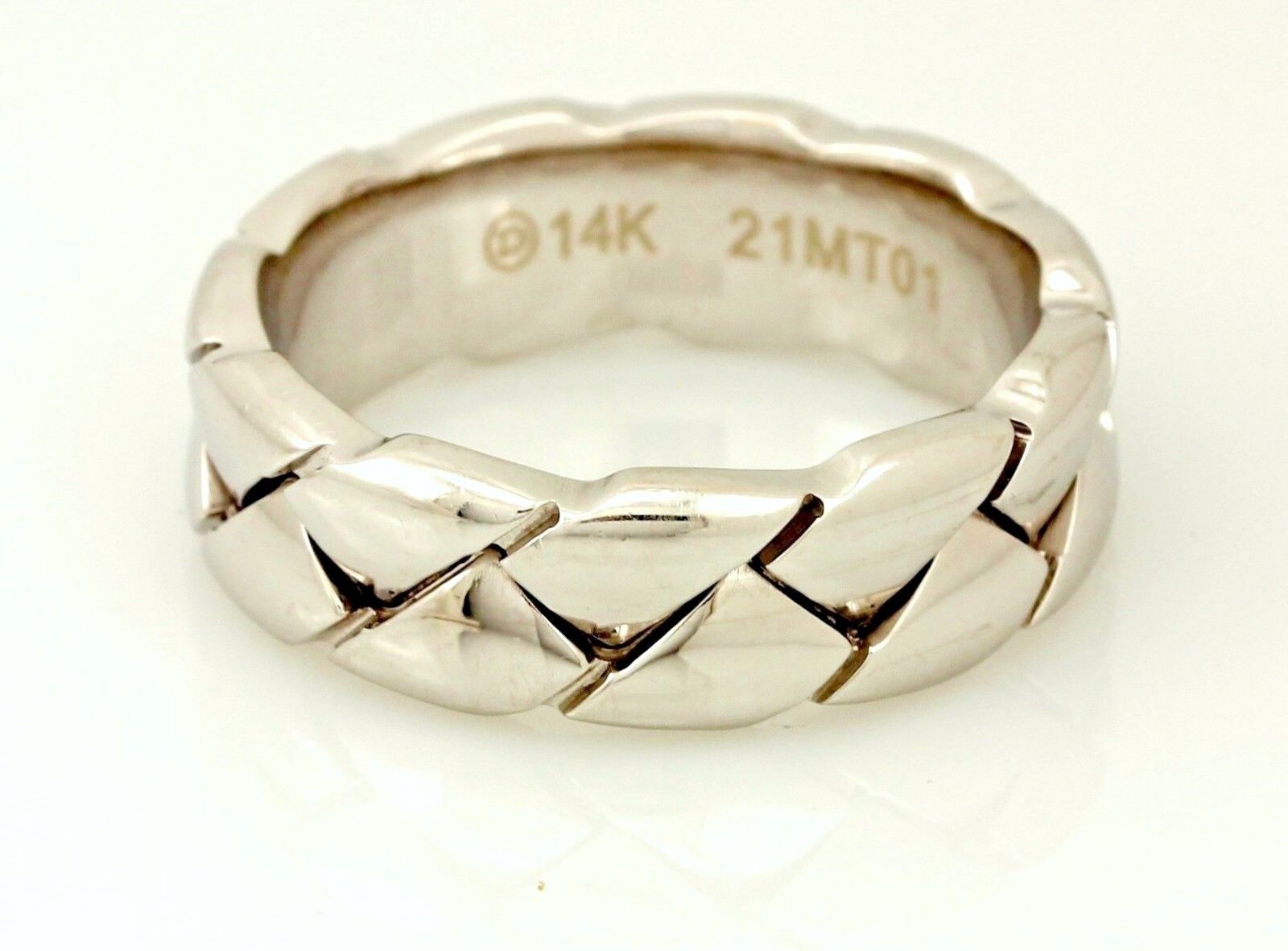 NEW DORA 14k white gold men's wedding band high polish weave 7.45mm sz 10.5 ring