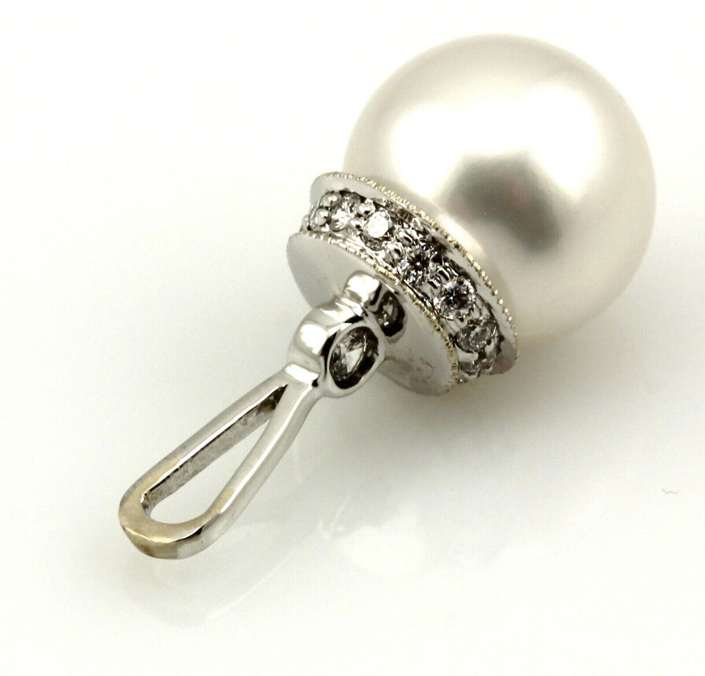 14 k white gold 10mm white round south sea cultured pearl diamond pendant new