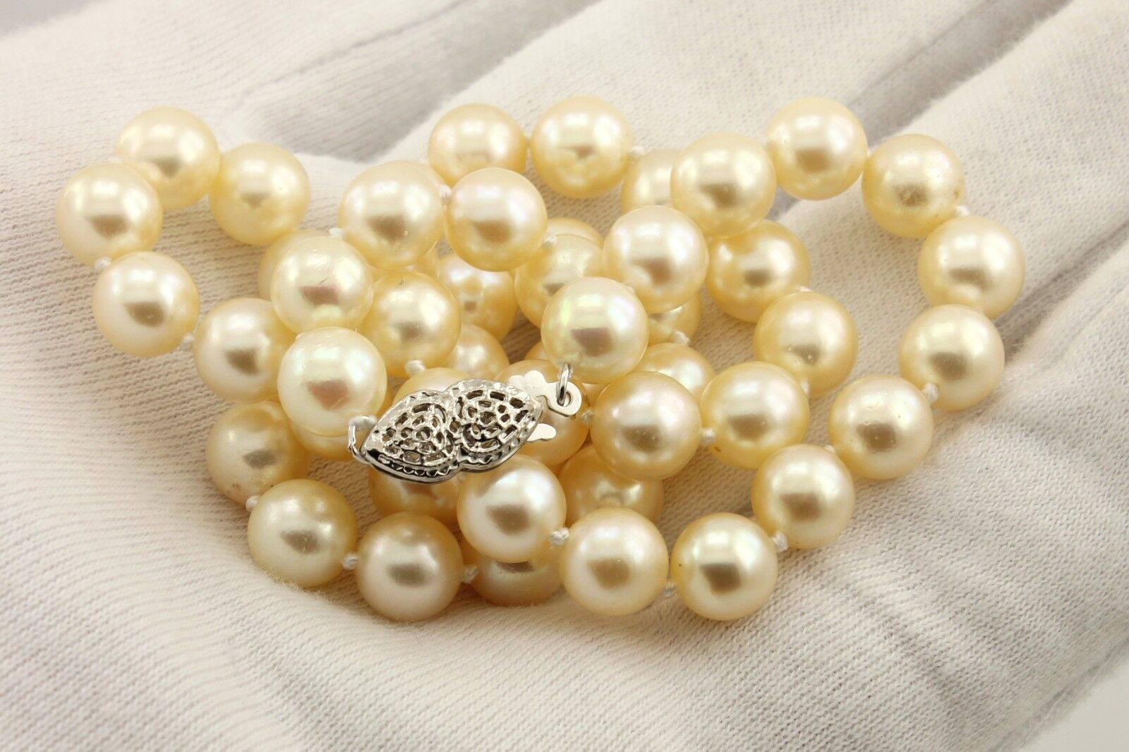 16" cultured pearl necklace 7-7.5mm round cream 14k white gold heart clasp NEW