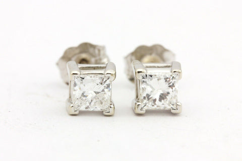 14k white gold 4mm square princess cut 0.80ctw stud earrings estate 1.1g
