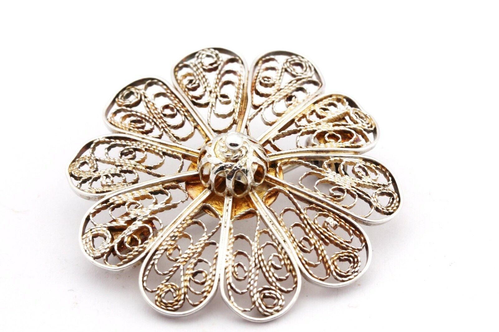 925 sterling silver filigree flower circle pin brooch Israel vintage estate 4.2g