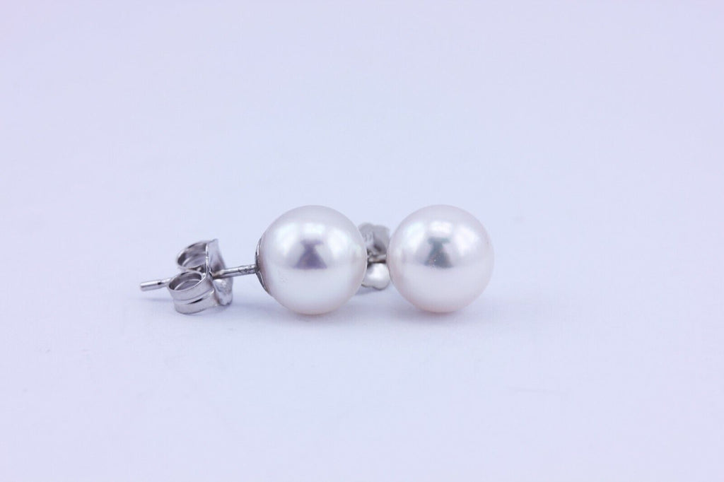 14k white gold 7.20-7.30mm round white pearls stud earrings new