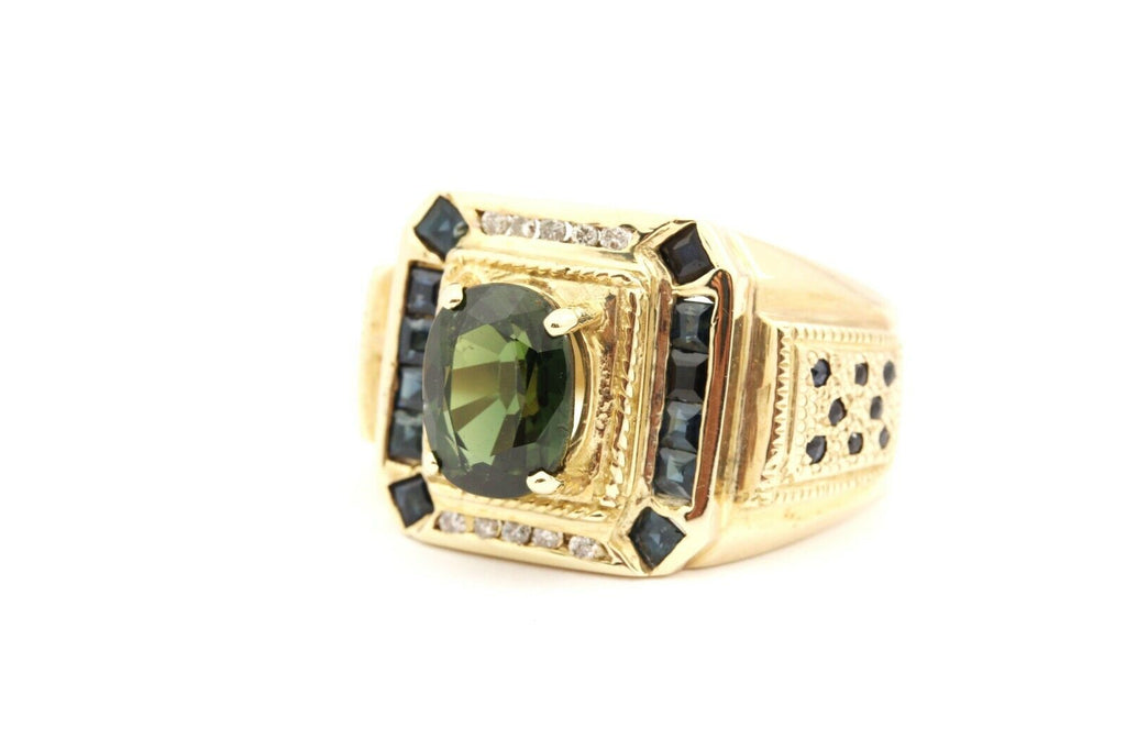 14k yellow gold oval green tourmaline blue sapphire diamond ring size 13 14.2g