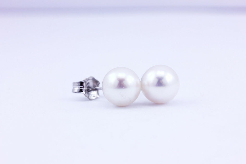 NEW white gold 14k 7mm Akoya cultered round pearl stud earrings 7.05-7.15mm